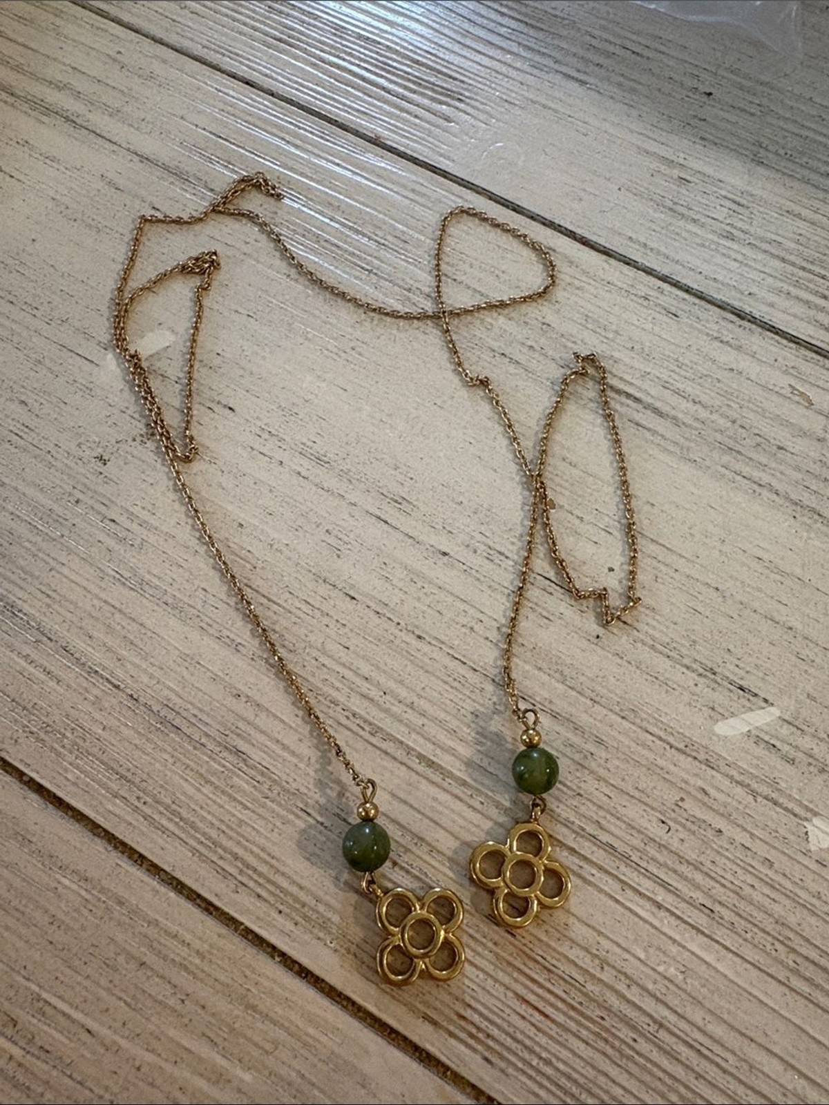 Avon Gold-Tone Floral Clover Lariat Necklace with Green Jade-Color Beads