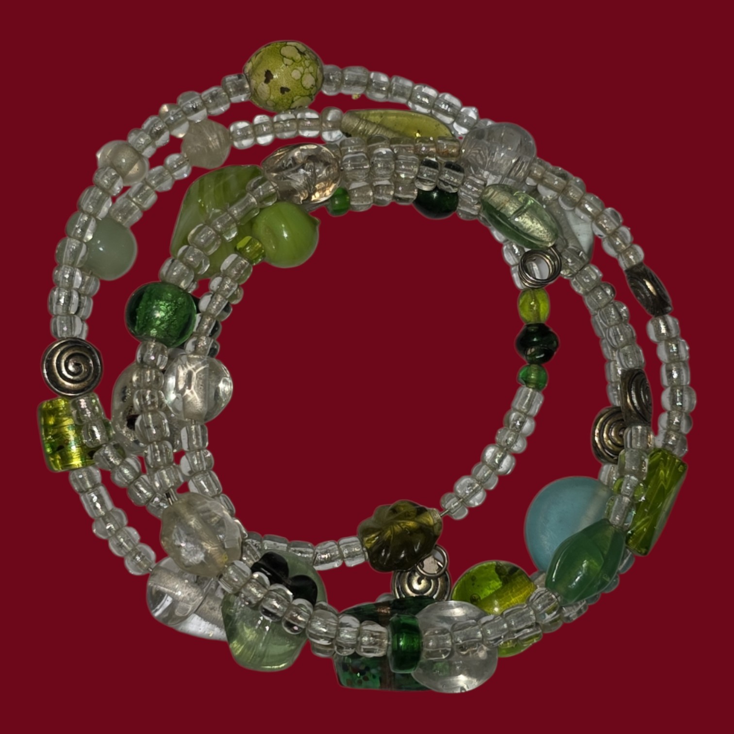 2 Memory Wire Green & Multi Color Peacock Beads Layered Bracelet Fits All Wrists