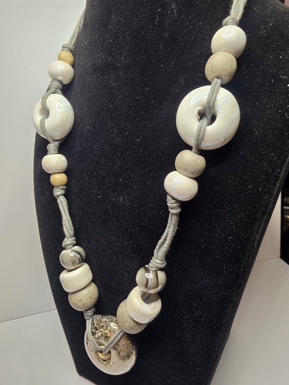 Chunky Ceramic Bead Textile Necklace Vintage Boho Glazed Ring Fabric Cord 32″