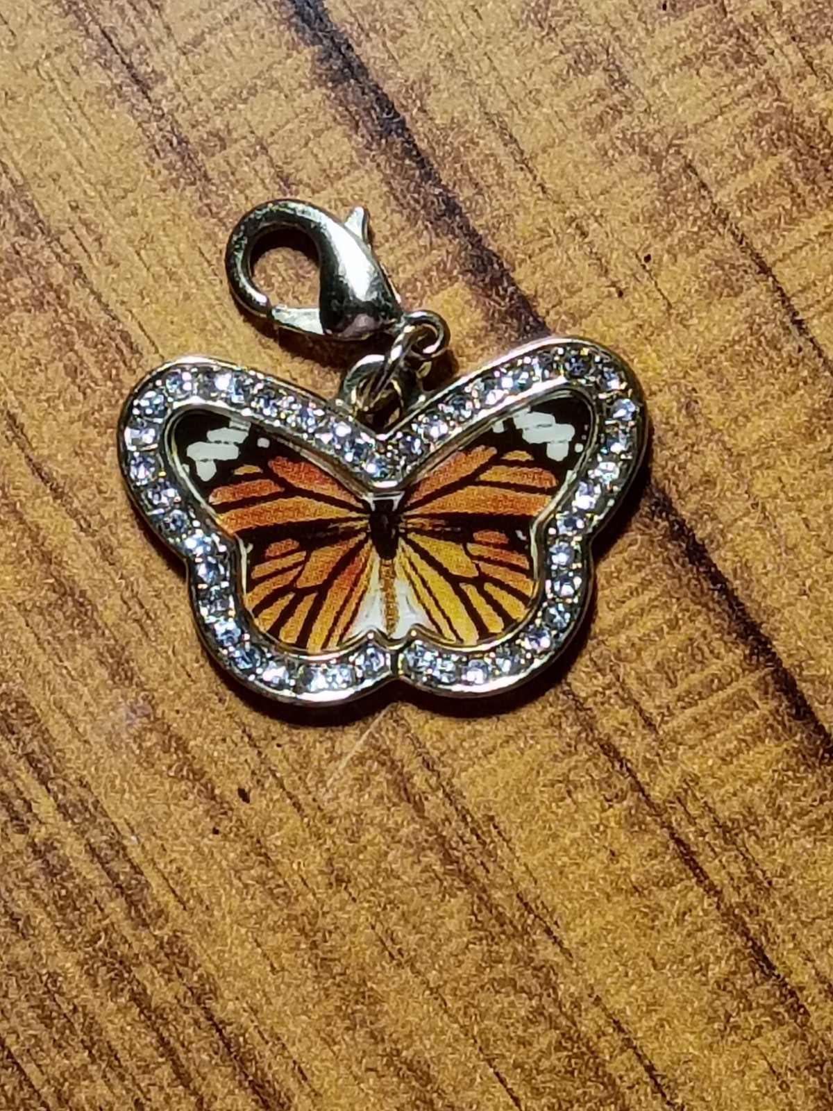 Silver Tone Orange/Black Enamel Butterfly Crystal Dangle Charm Lobster Clasp