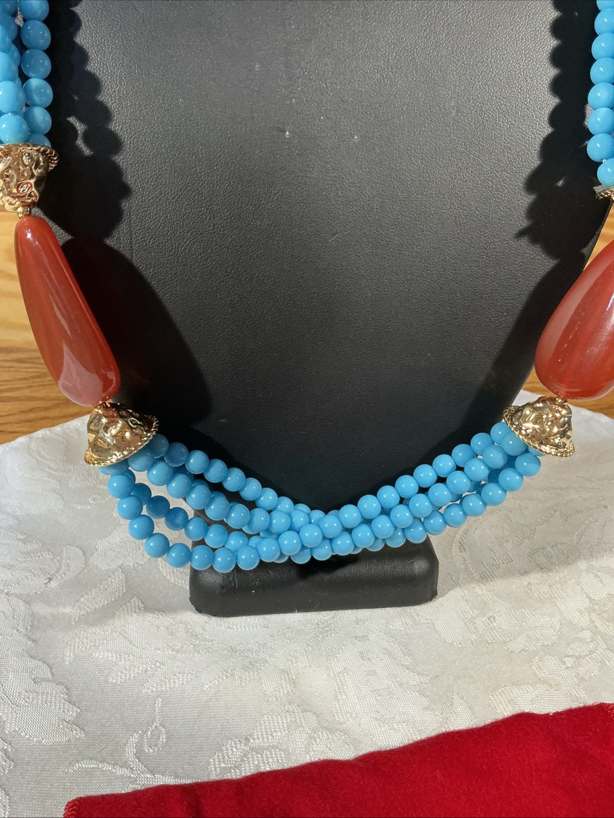 KJL Grand Stand Multi Strand Faux Turquoise & Carnelian Bead Boho Necklace 27″