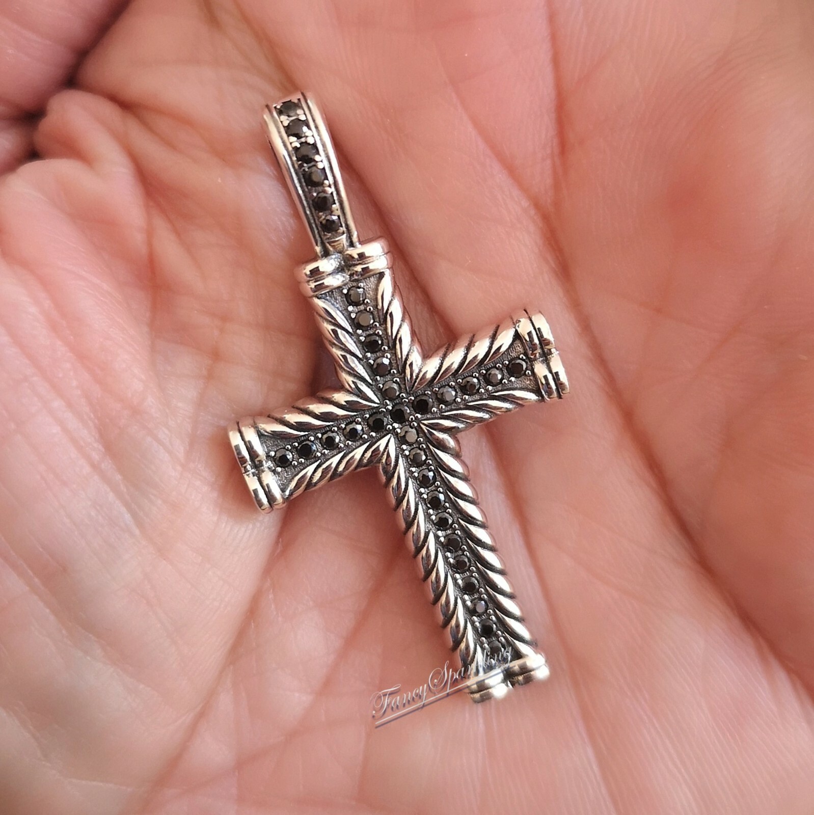 Black Simulated Diamond Cross Pendant Necklace 14K Oxidized White Gold Finish