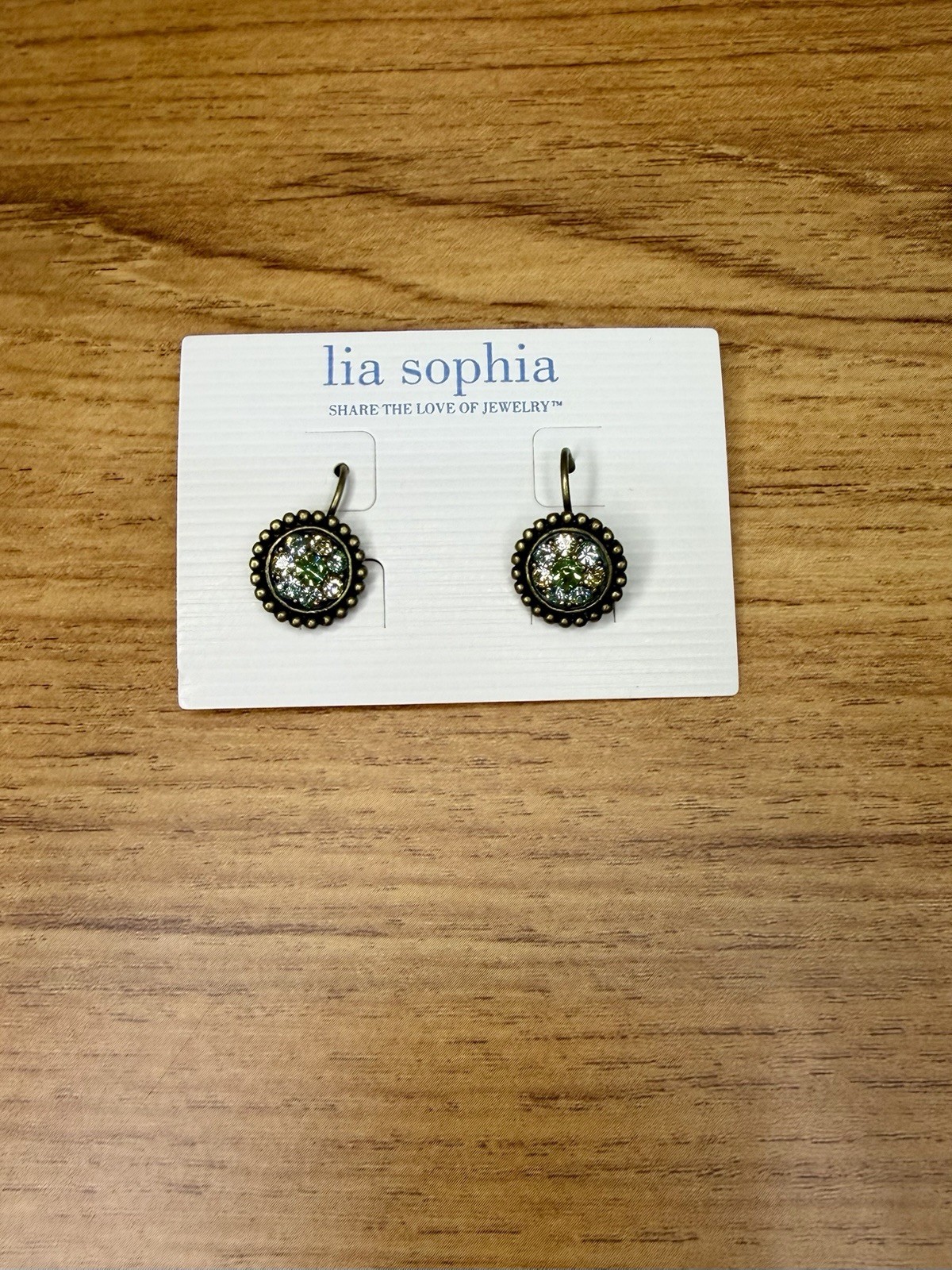 Lia Sophia Vintage Style Green Crystal Necklace Earrings Set Bronze Tone New
