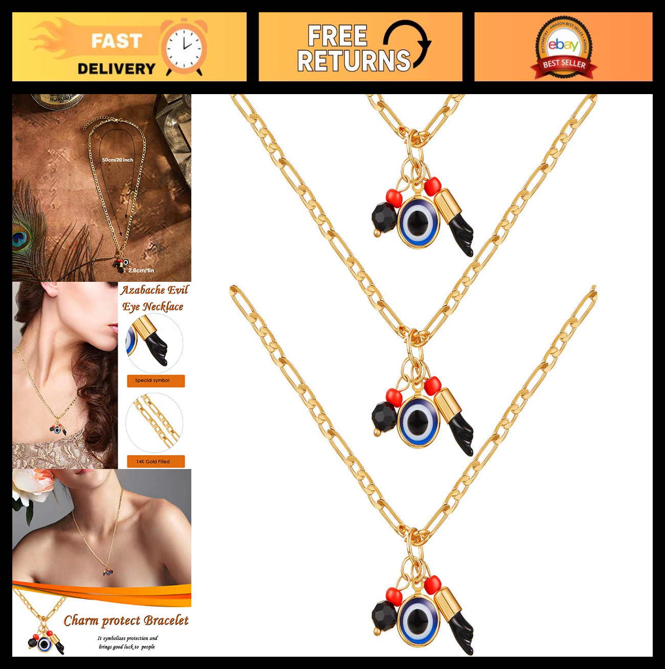 Gold Plated Evil Eye Necklace Set – Azabache Figa Hand Charm Jewelry for Protect