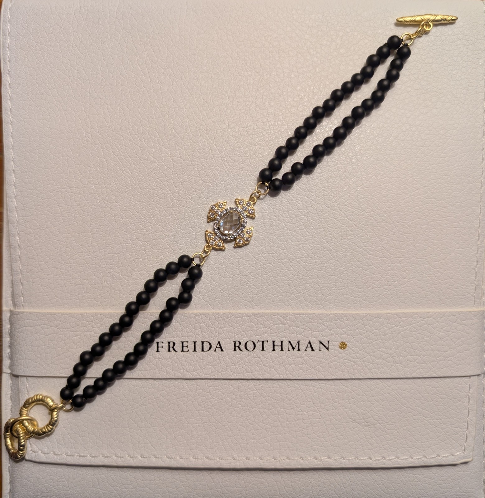 Freida Rothman Black Bead Bracelet With Maltese Cross 925 With 14kt Overlay NEW