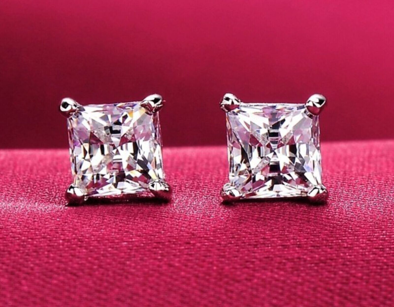 4CT Princess Cut Man Made Diamond Square Stud Earrings 14K White Gold Push Back