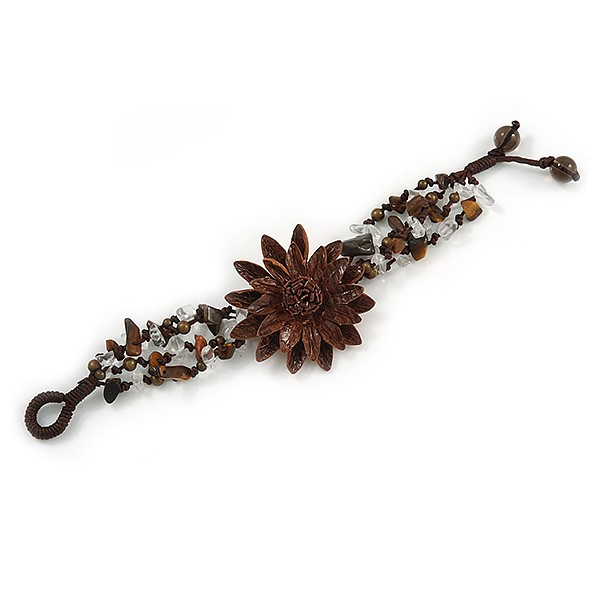 Leather Flower Turquoise Bead Cotton Cord Bracelet/ Brown/ 15cm L/ Small