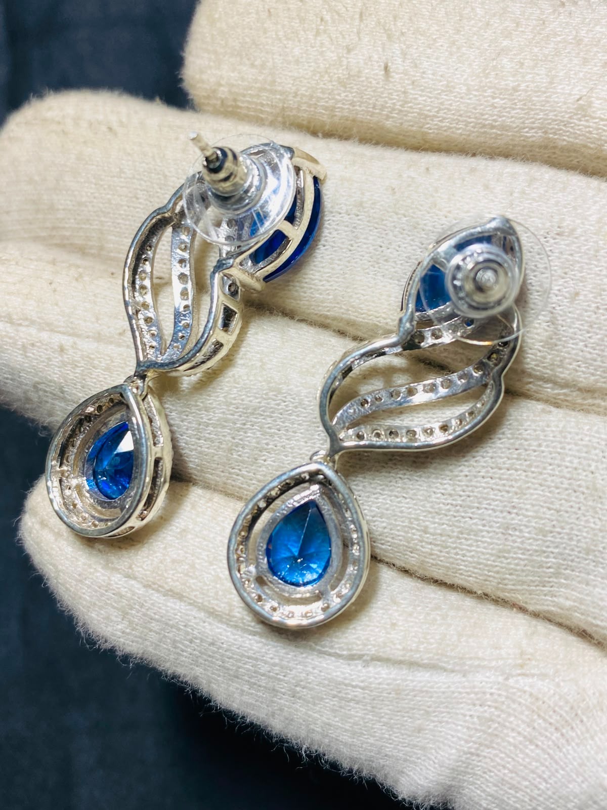 Lab Blue Sapphire Drop Dangle Earrings Silver CZ Halo Wedding Gift for Women 3.5