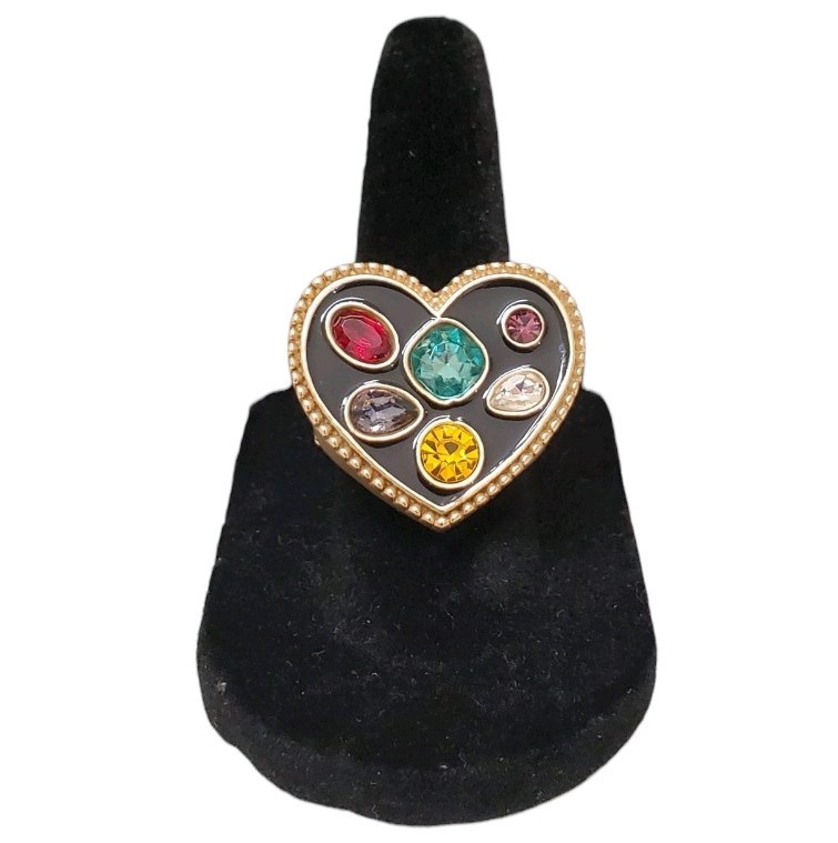 Estate Gold-Tone Black Enamel Multi-Color Glass Stone Heart Stretch Ring Size 7