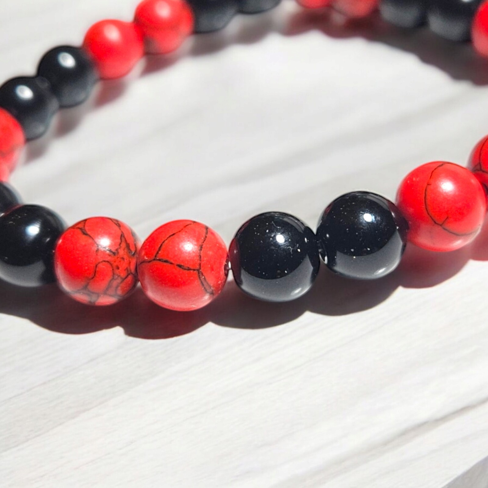 Black Onyx / Red Turquoise 8mm Beaded Bracelet Style #2 Wrist Sz 7.5