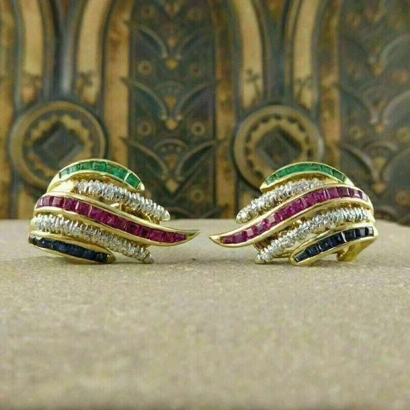 14K Yellow Gold Plated 2.2Ct Simulated Sapphire Ruby Emerald Omega Back Earrings