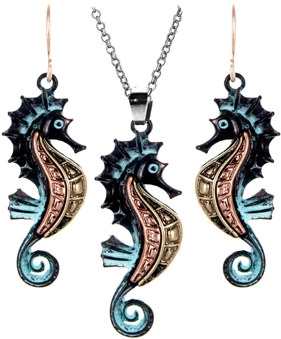 Seahorse Sea Horse Pendant Necklace and Earrings Set Patina Finish & Gift Box