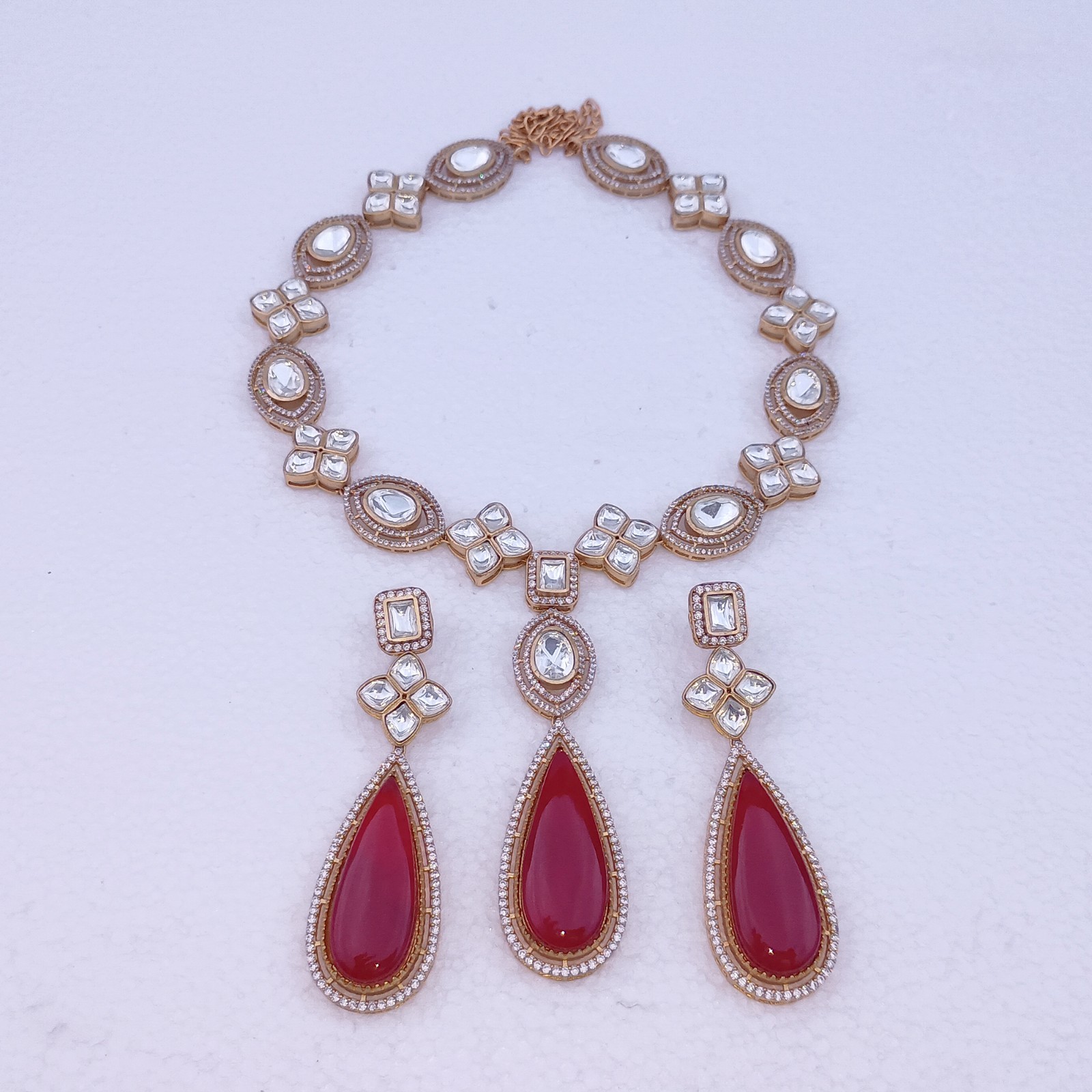 Ruby Polki Necklace Set White Kundan Earrings Gold Plated Indian Bridal Wedding