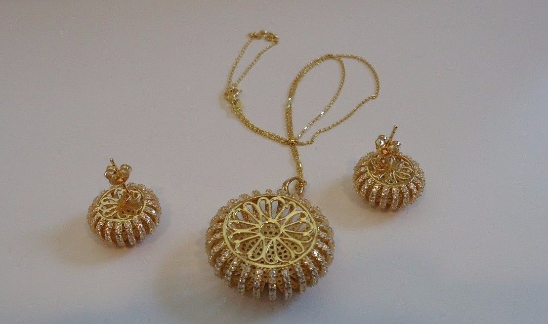 YELLOW PUFF SUN NECKLACE & EARRING SET12 CT LAB CREATED DIAMOND STERLING SILVER