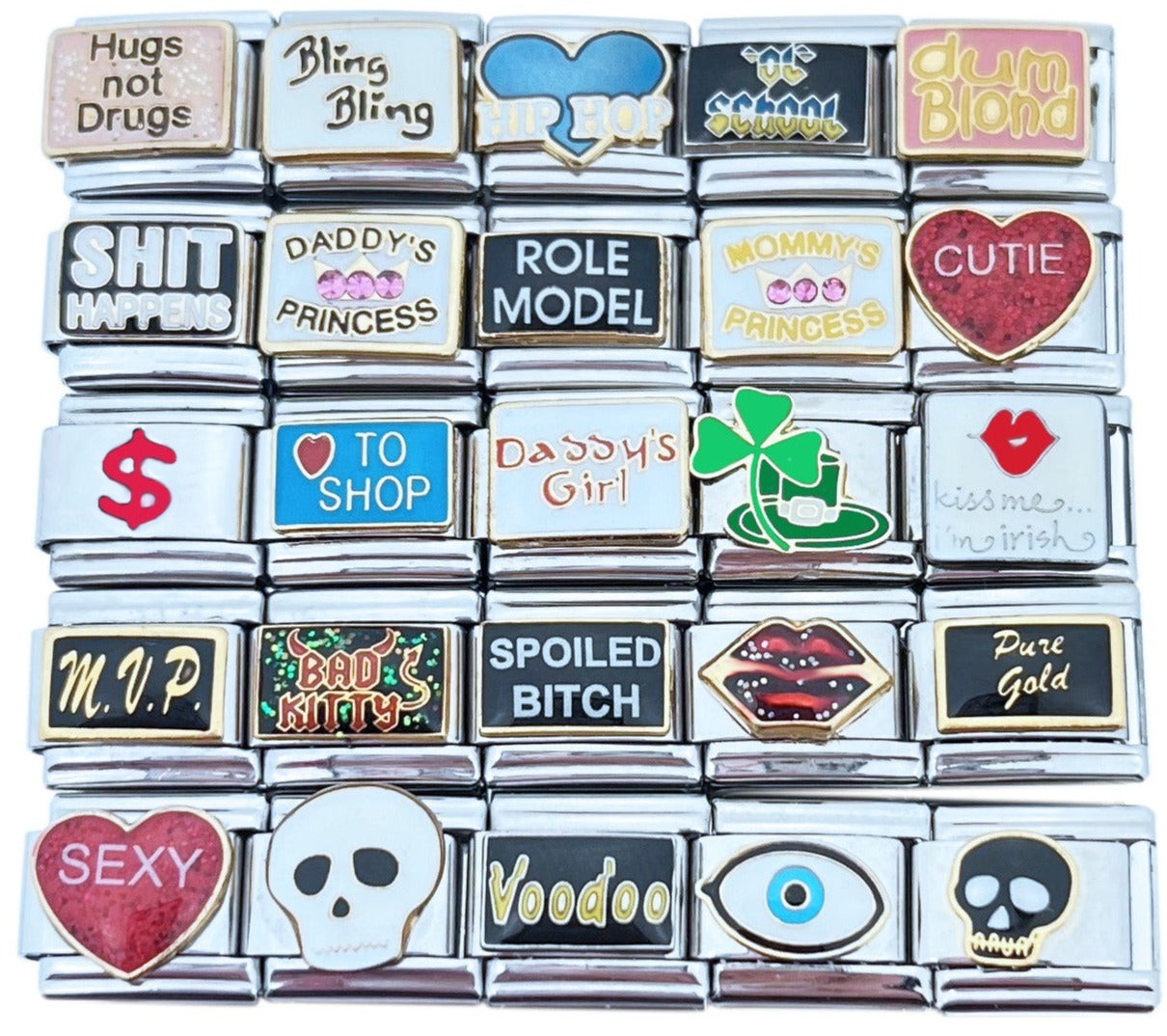 Assorted Words 9mm Italian Charms Lucky Hearts Evil Eye Money Shopping (Col #12)