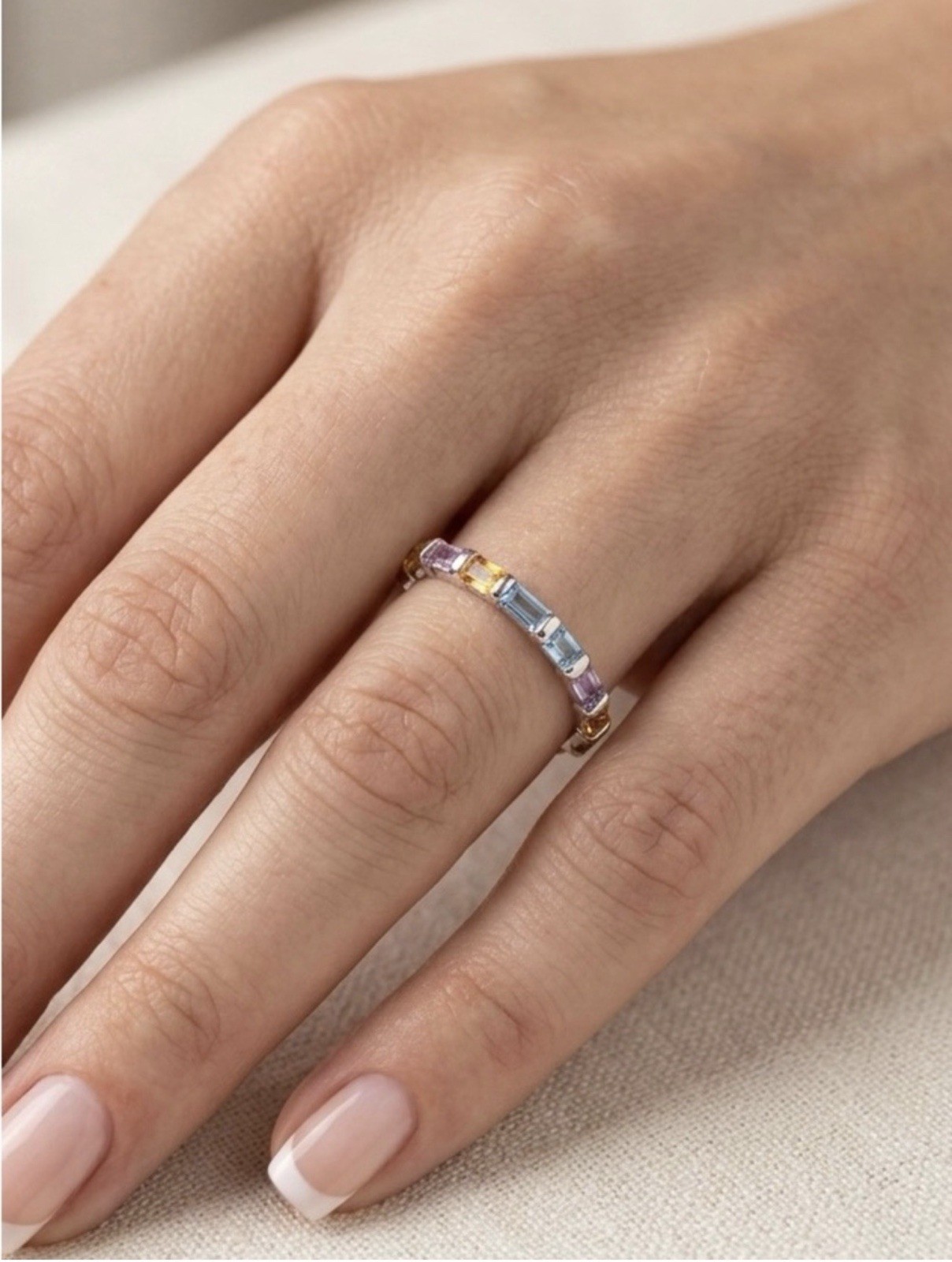 Platinum Plated Multicolor Baguette Crystal Ring | Silver Stackable Band Ring