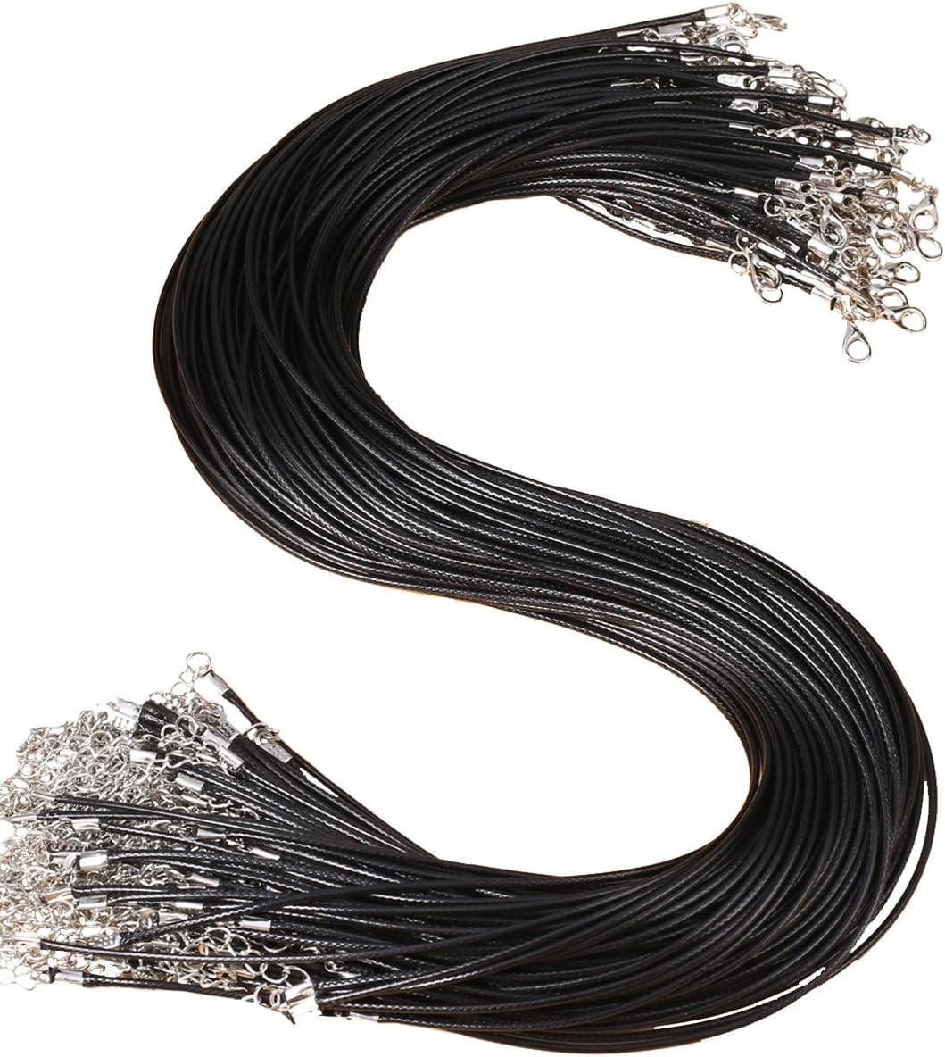 100Pcs Black PU Leather Cord Wax Rope Chain Necklace 45Cm+5Cm Stainless Steel Ch