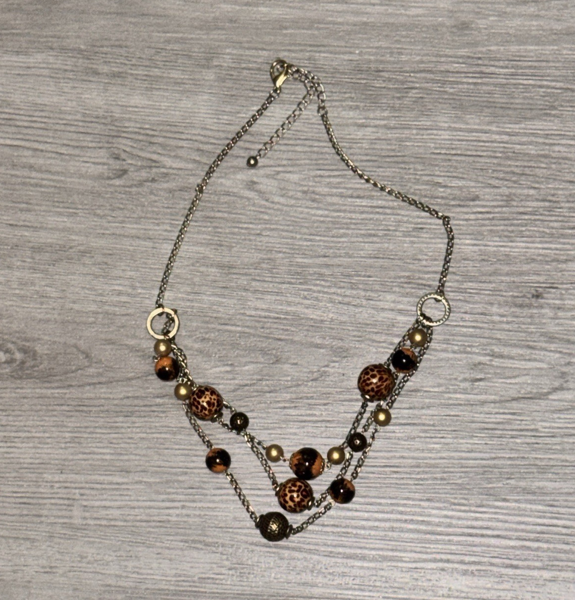 Gold Tone Layered Cable Chain Necklace Leopard Print Brown Beads Lobster