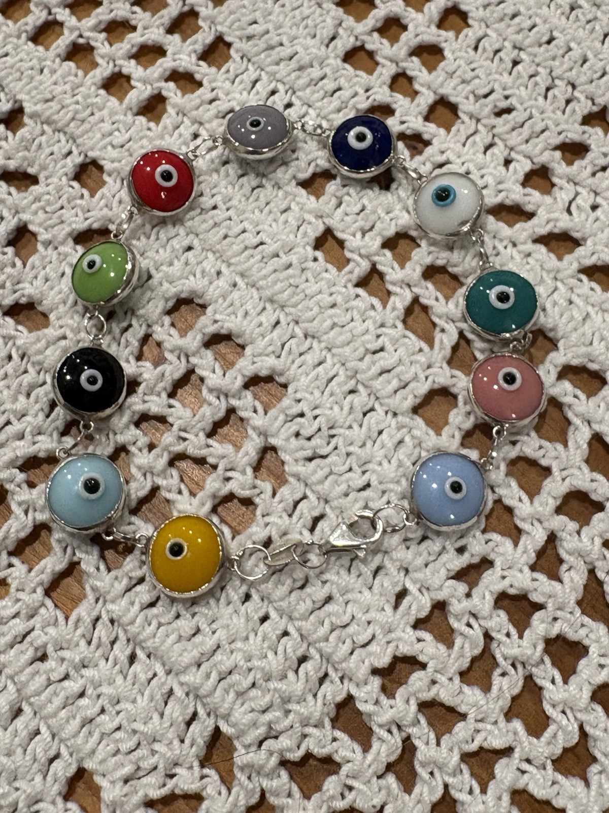 Multi Color Evil Eye Good Luck Bracelet Real 925 Sterling Silver 7.5 Inches