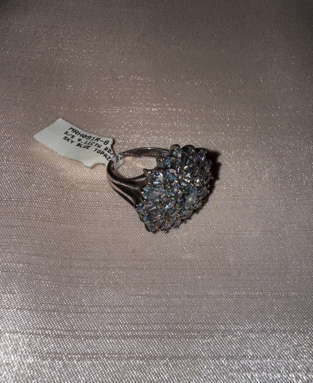 Blue Topaz Flower Cluster Halo Cocktail Ring, Prong Set, Silver-Tone, Size 8