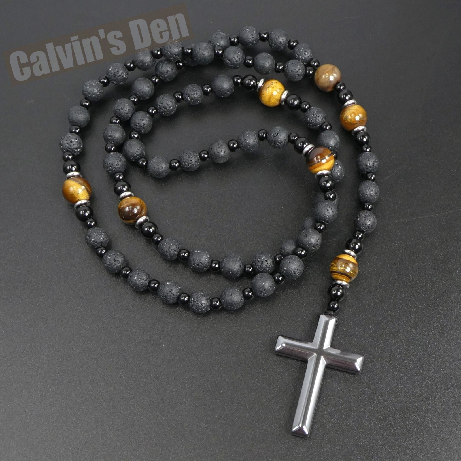 Lava Stone Tiger Eye Black Onyx Black Hematite Cross Rosary Necklace Men Gift