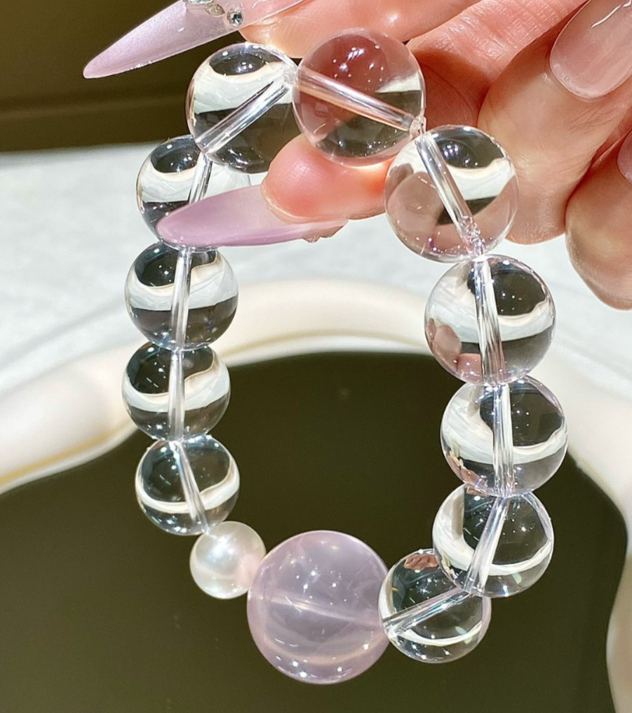 Pink Crystal Pearl Clear Crystal 15-22mm Beaded Stretch Bracelet Gift