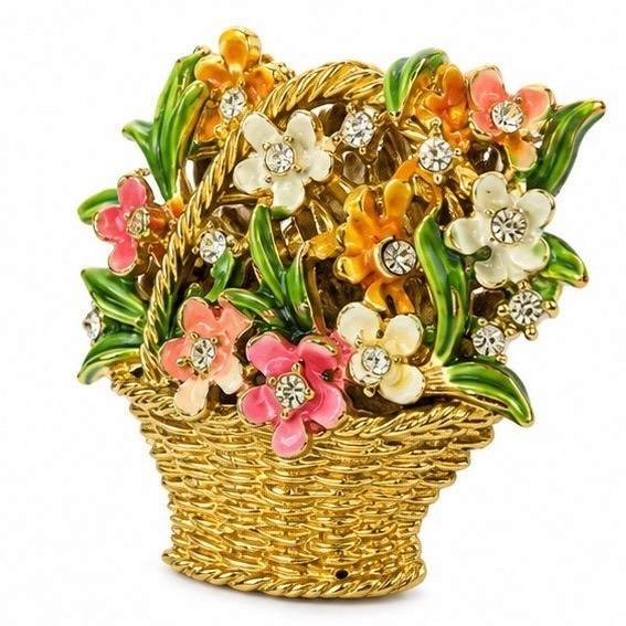 My Fair Lady Vintage Enamel Flower Basket Brooch Gold Tone Rhinestone Boquet Pin