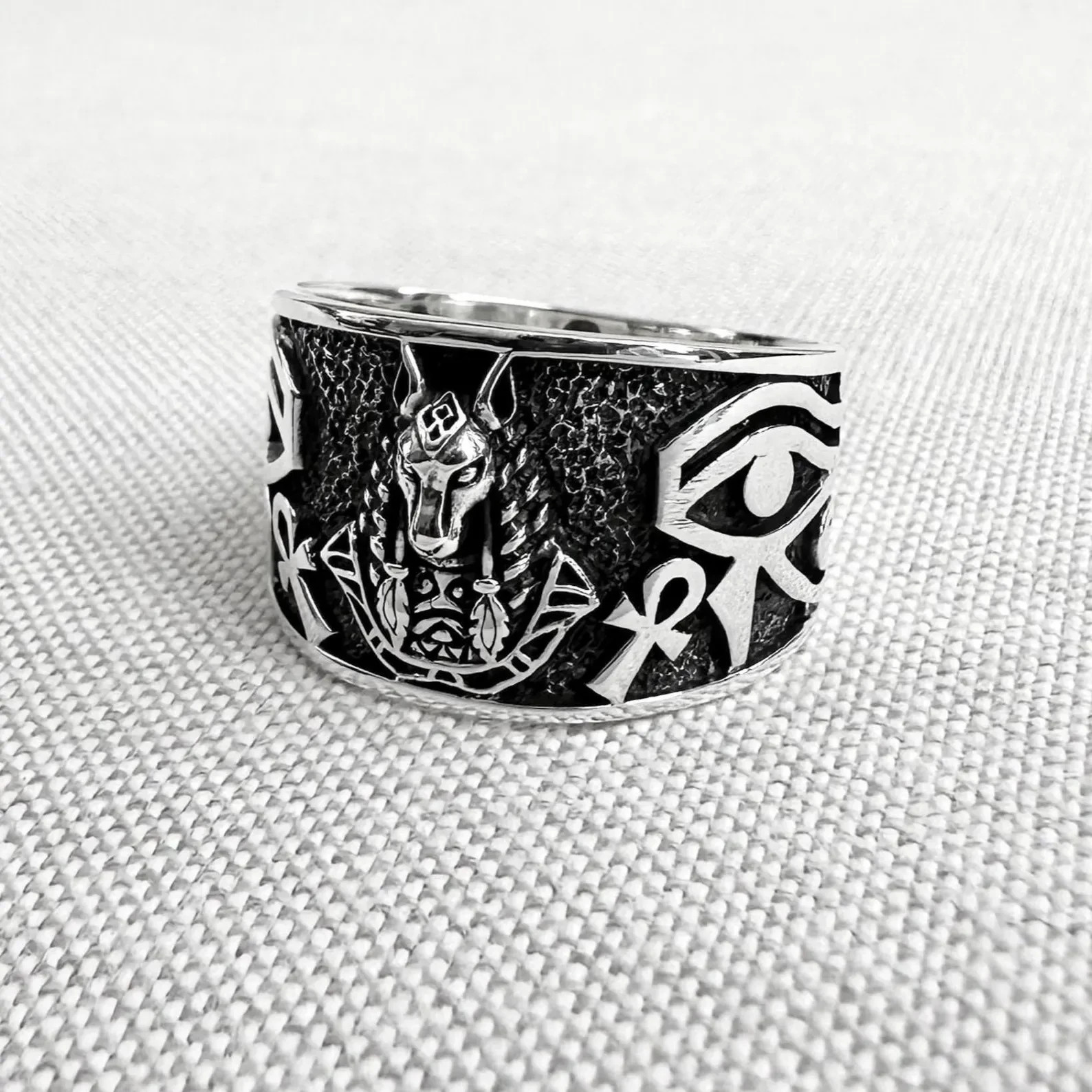Handcrafted 925 Sterling Silver Anubis Egyptian God Deity Amulet Ring Jewelry