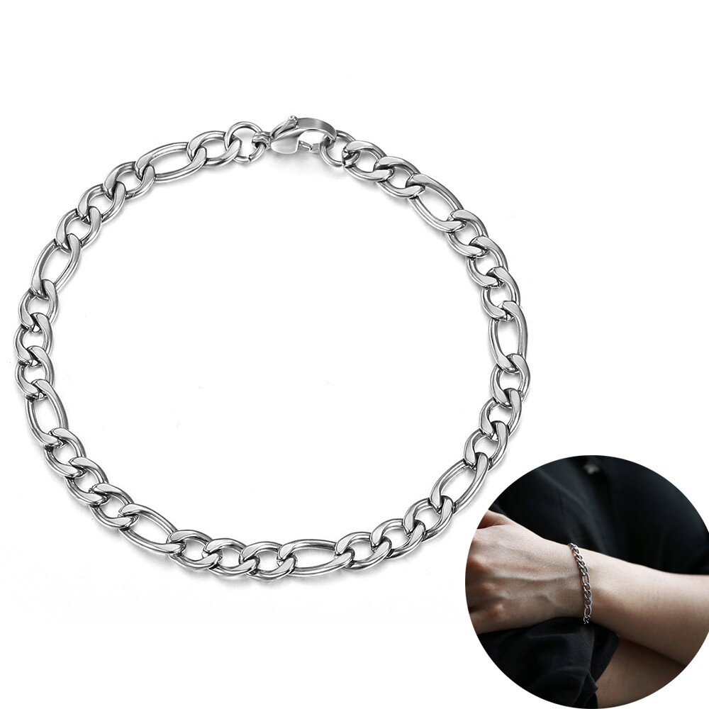 5mm Silver/Gold Plated Figaro Liink Chain Bracelet Stainless Steel Clasp Jewelry