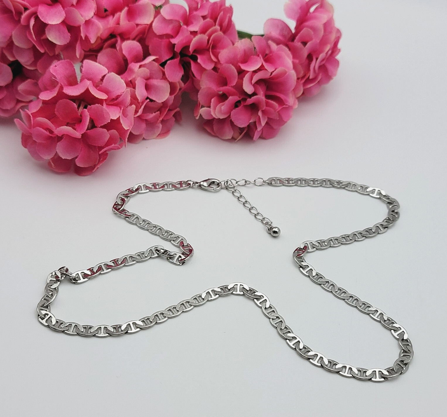 Silver Plated Anchor Mariner Chain Link Necklace 21 Inch Adjustable