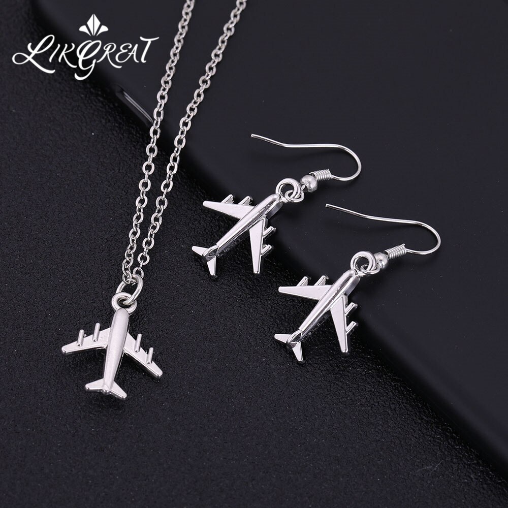 Simple Silver Color Aircraft Jewelry Sets Female Airplane Necklace & Earrings