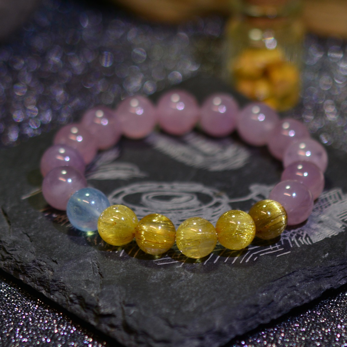 Madagascar Rose Quartz Rutilated Aquamarine Bracelet 18K Gold Gift for Women