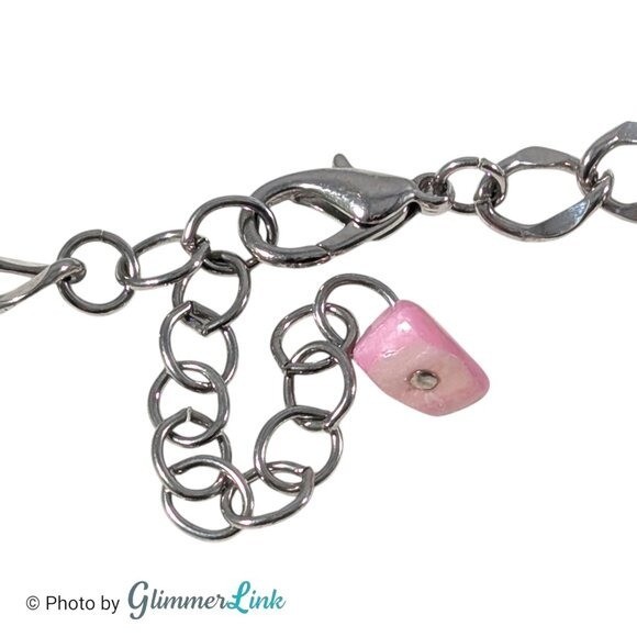 Silver Tone Bib Necklace with Pink Shell Chips Faux Pearls and Acrylic Beads
