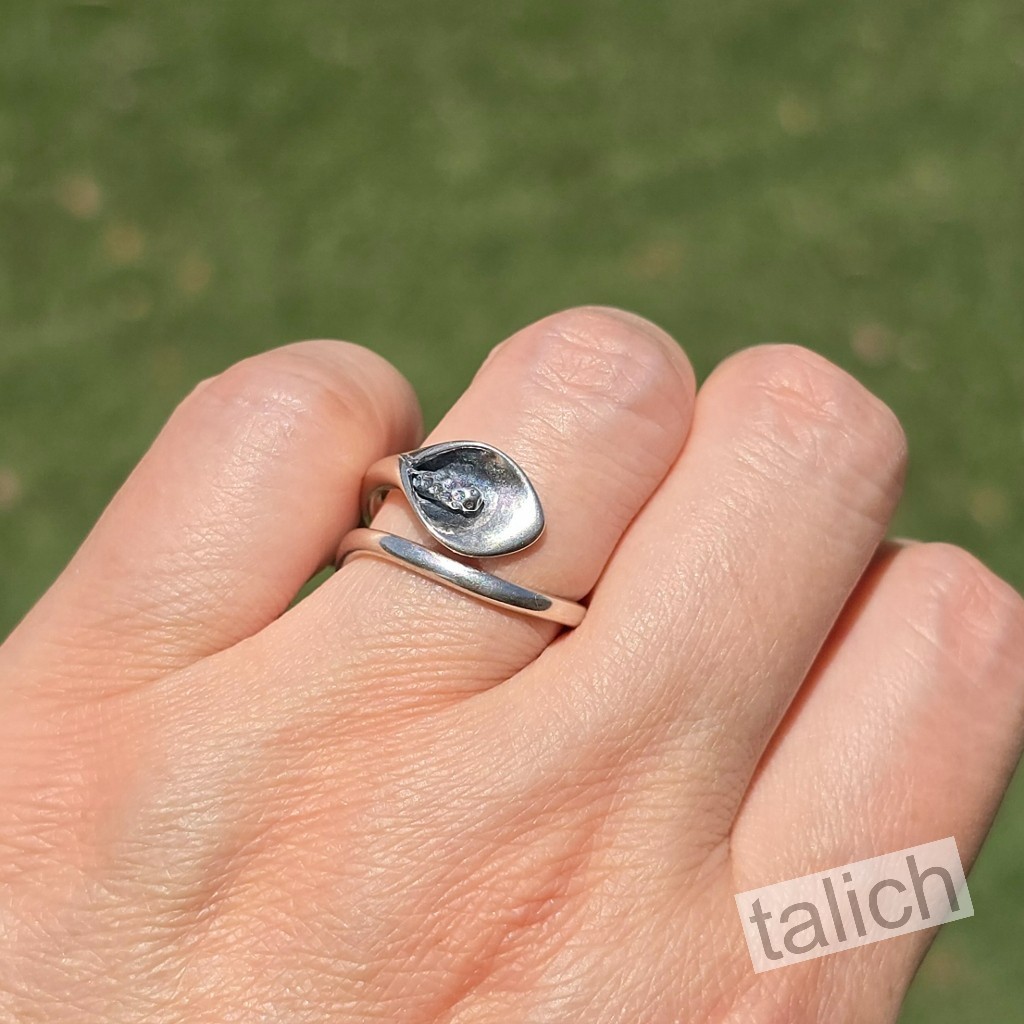 Shiny 925 Sterling Silver Calla Lily Flower Ring Adjustable Handmade Boho Unique