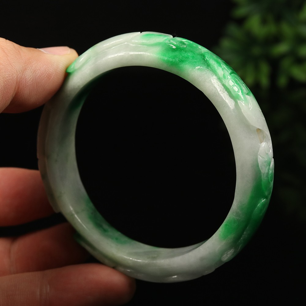 58mm White Emerald Green Jadeite Jade Bracelet Bangle Ruyi Rabbit Bat A-14597