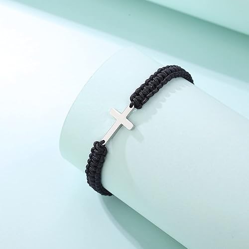 Christian Cross Bracelet Black String Adjustable Handmade Faith Jewelry Gift
