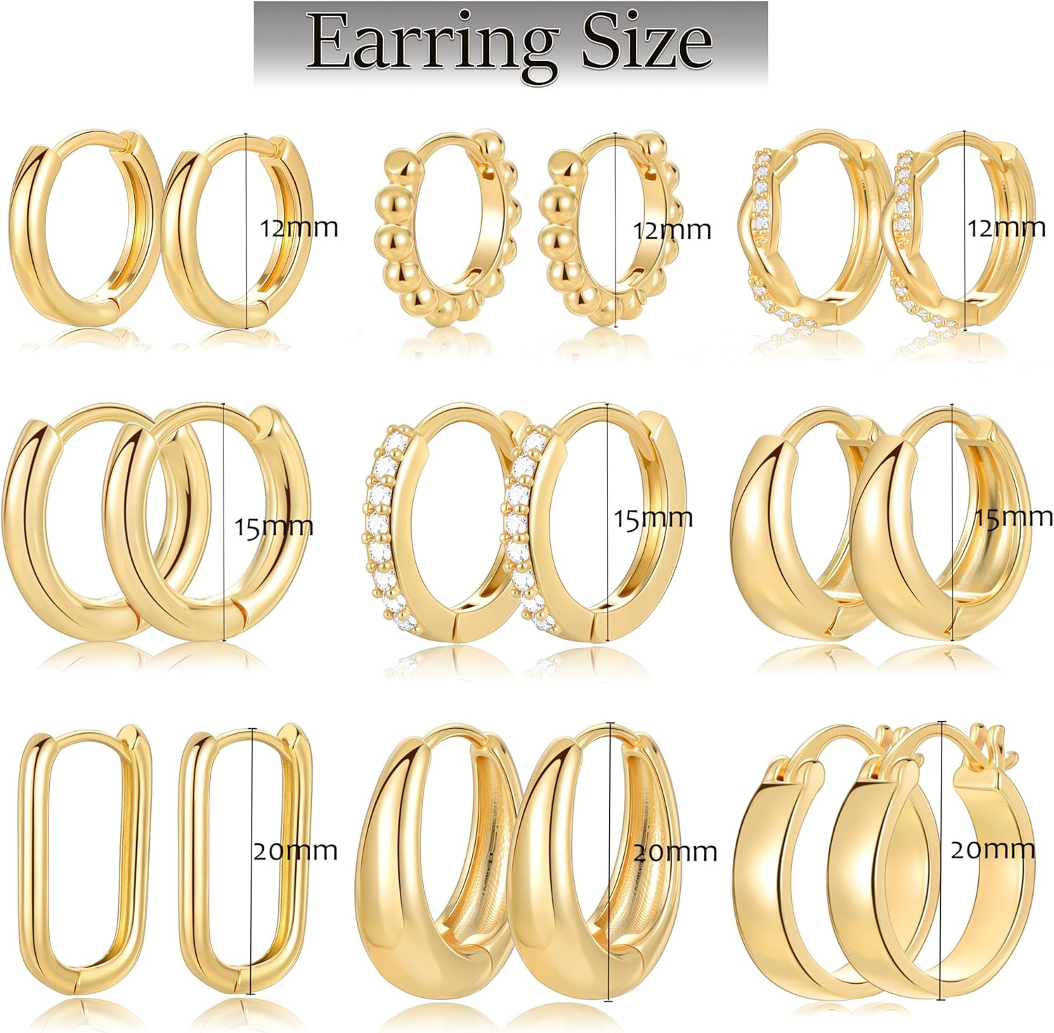 9 Pairs Small Gold/Silver Hoop Huggie Earrings Set for Women, 14K Gold Plated Ch