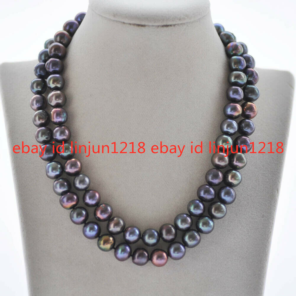 Beautiful 8mm-9mm Round Peacock-Black Freshwater Pearl Necklace 18-50inches