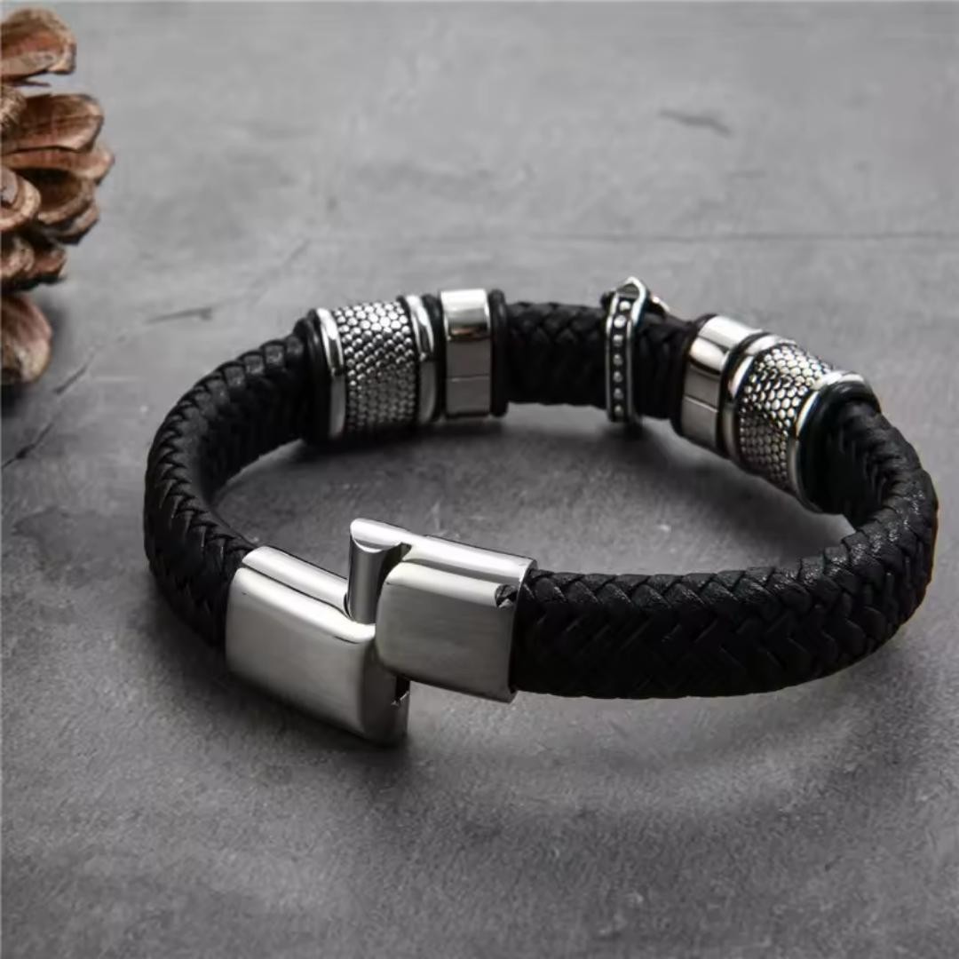 Men Women Stainless Steel Cross Black Braided Leather Bracelet Christian Bangle