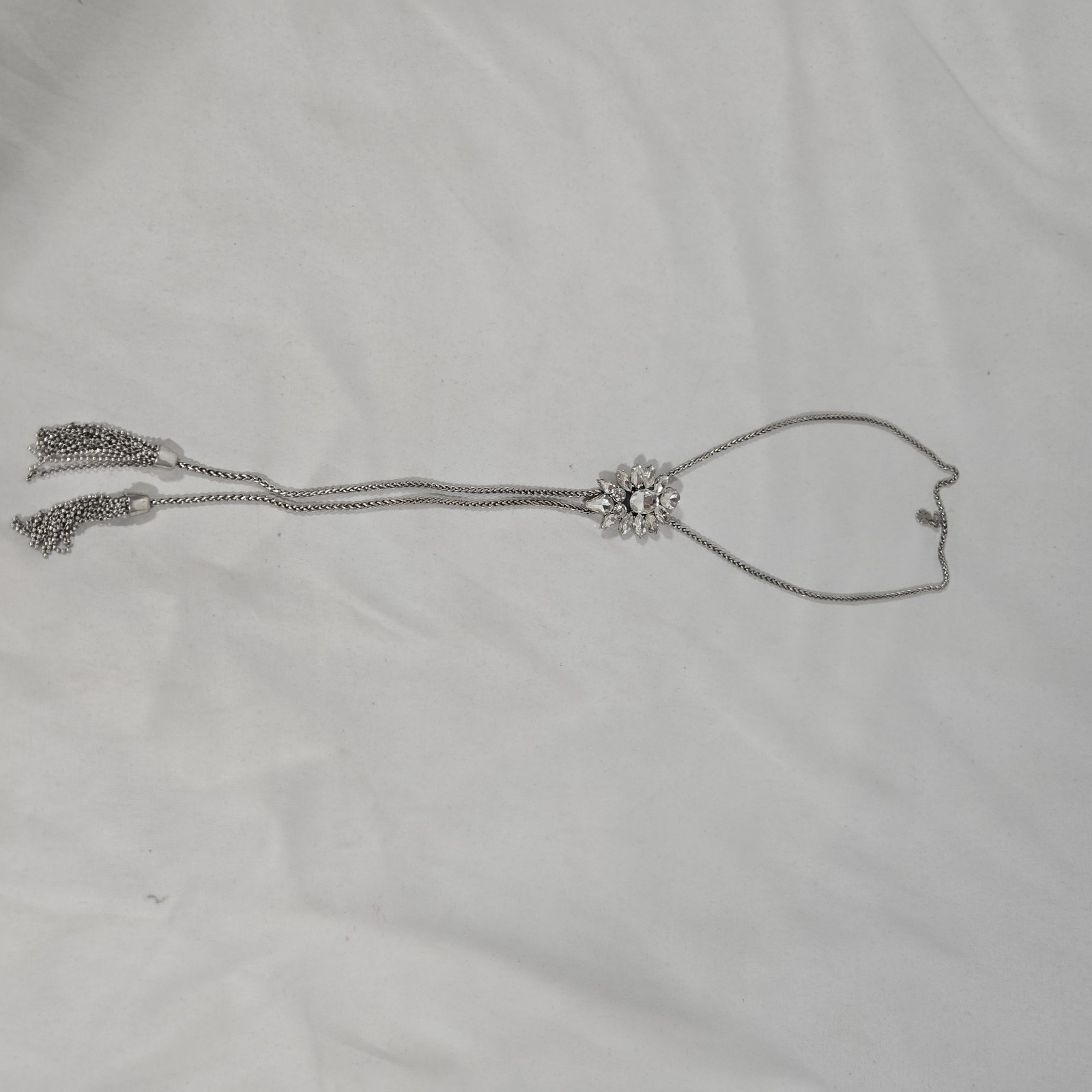 Vintage Y2k Lucky Brand Necklace with Metal Tassles Bolo Style Silver Tone