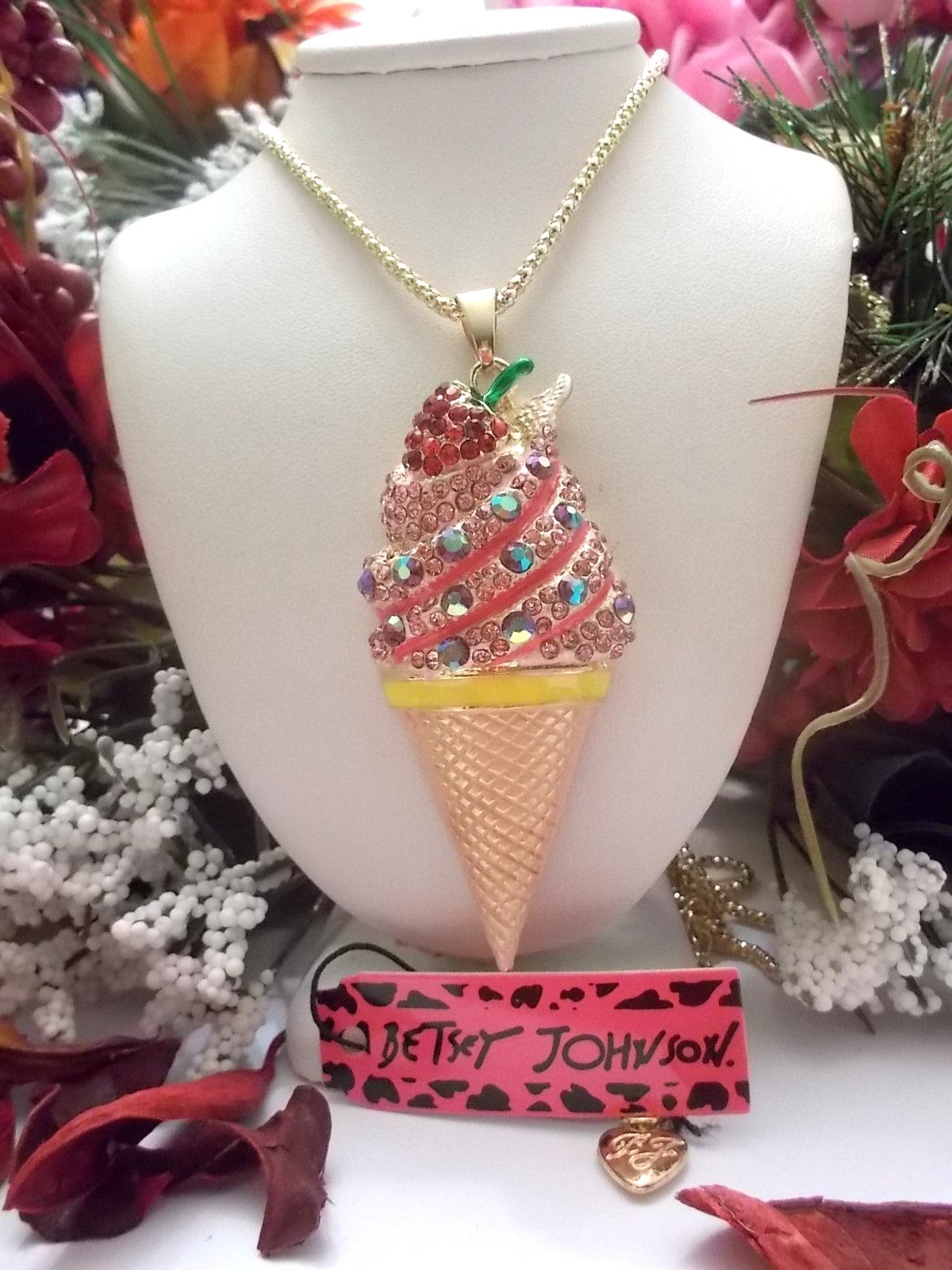 BETSEY JOHNSON PINK CRYSTAL & ENAMEL STRAWBERRY ICE CREAM CONE PENDANT NECKLACE