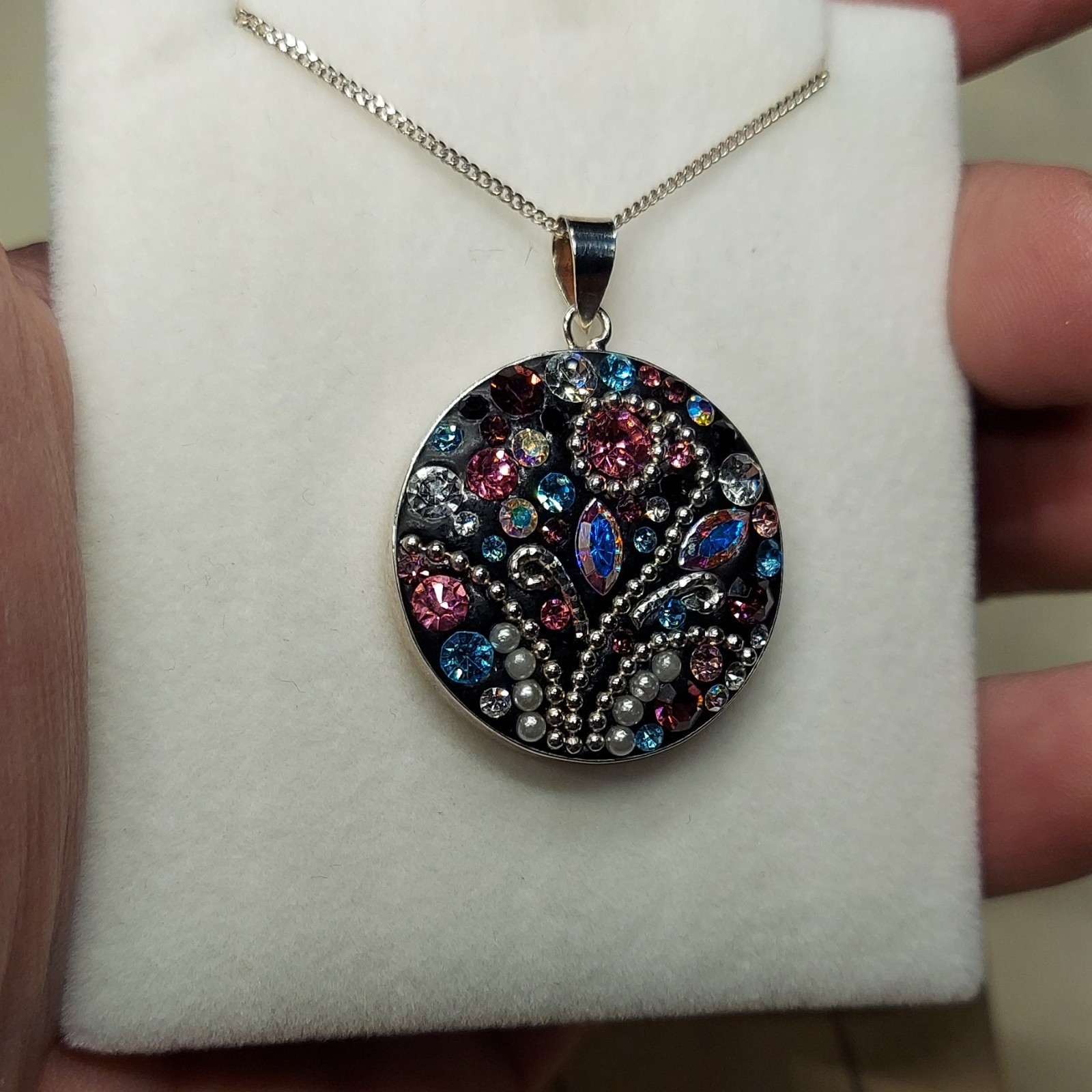 MULTICOLOR crystal silver 925 Round Rhinestone Pendant Necklace, Cable Chain