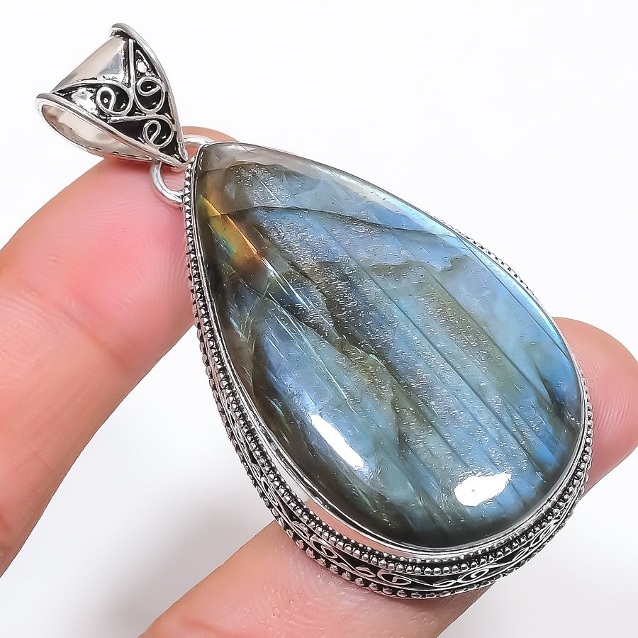 Blue Fire Labradorite Pear Shape Gemstone Pendant Vintage Jewelry 2.5″ VP 3125