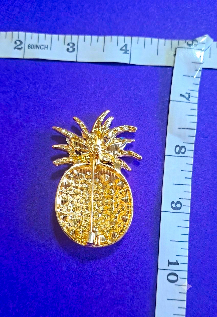 Gold Tone Pineapple Rhinestone Brooch Pin w/ Pink & Green Crystals, 2 in