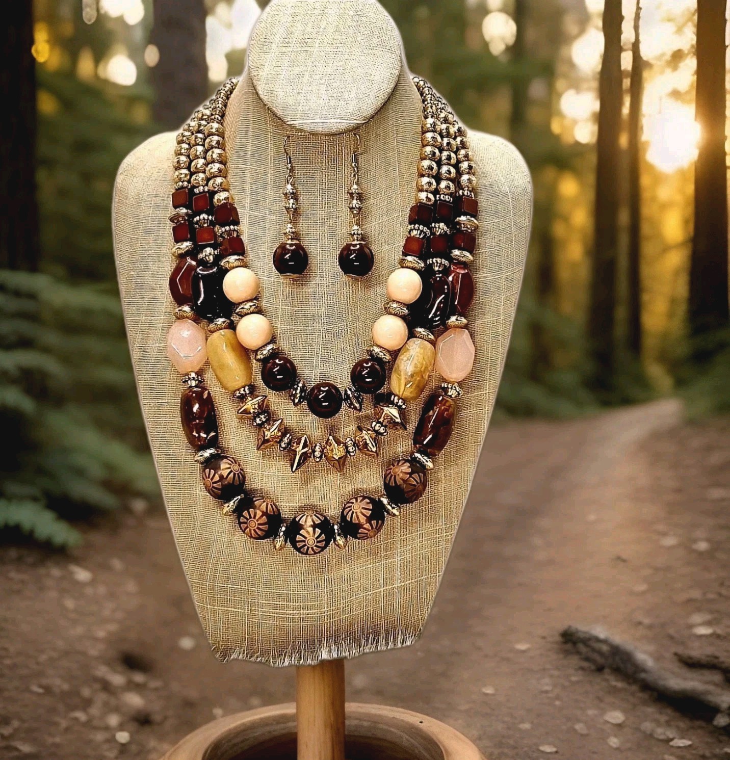 BOCAR Gorgeous Woodsy 3 Layer Chunky Statement 13″L Necklace+2.5″L Earrings Ja5
