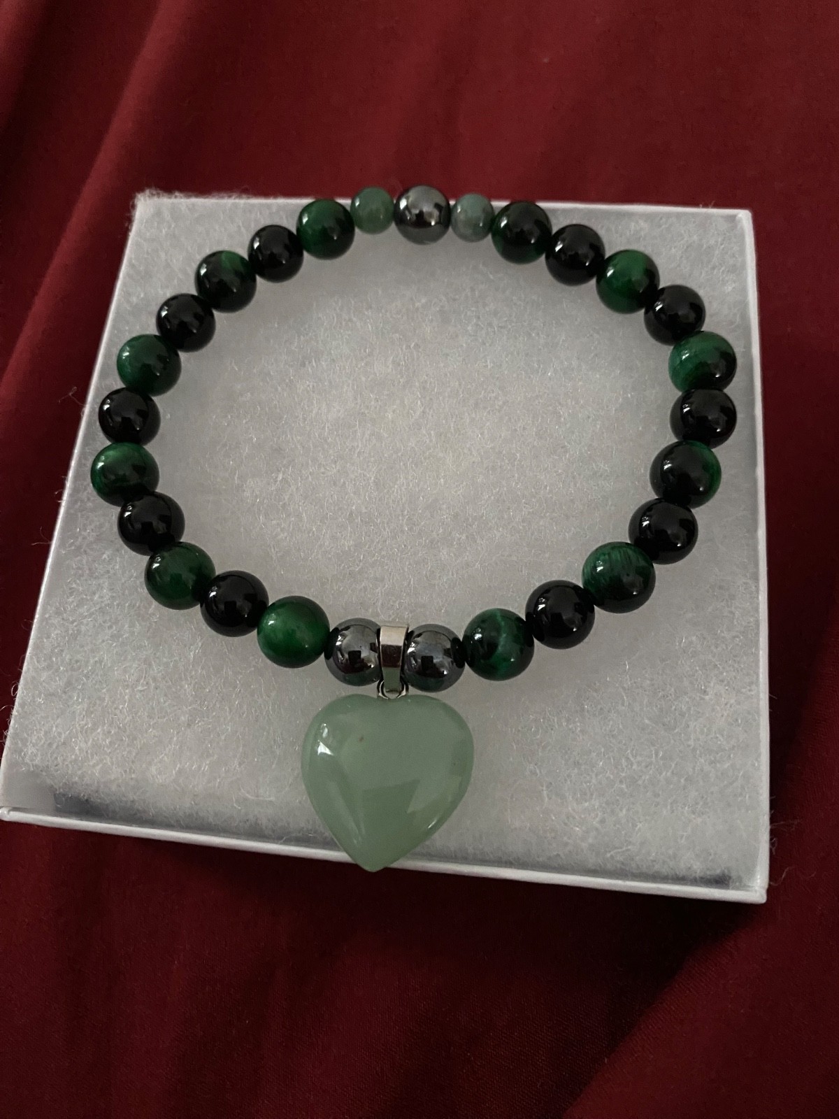 Green Tiger’s Eye, Black tourmaline, Hematite & Jade Heart Bracelet