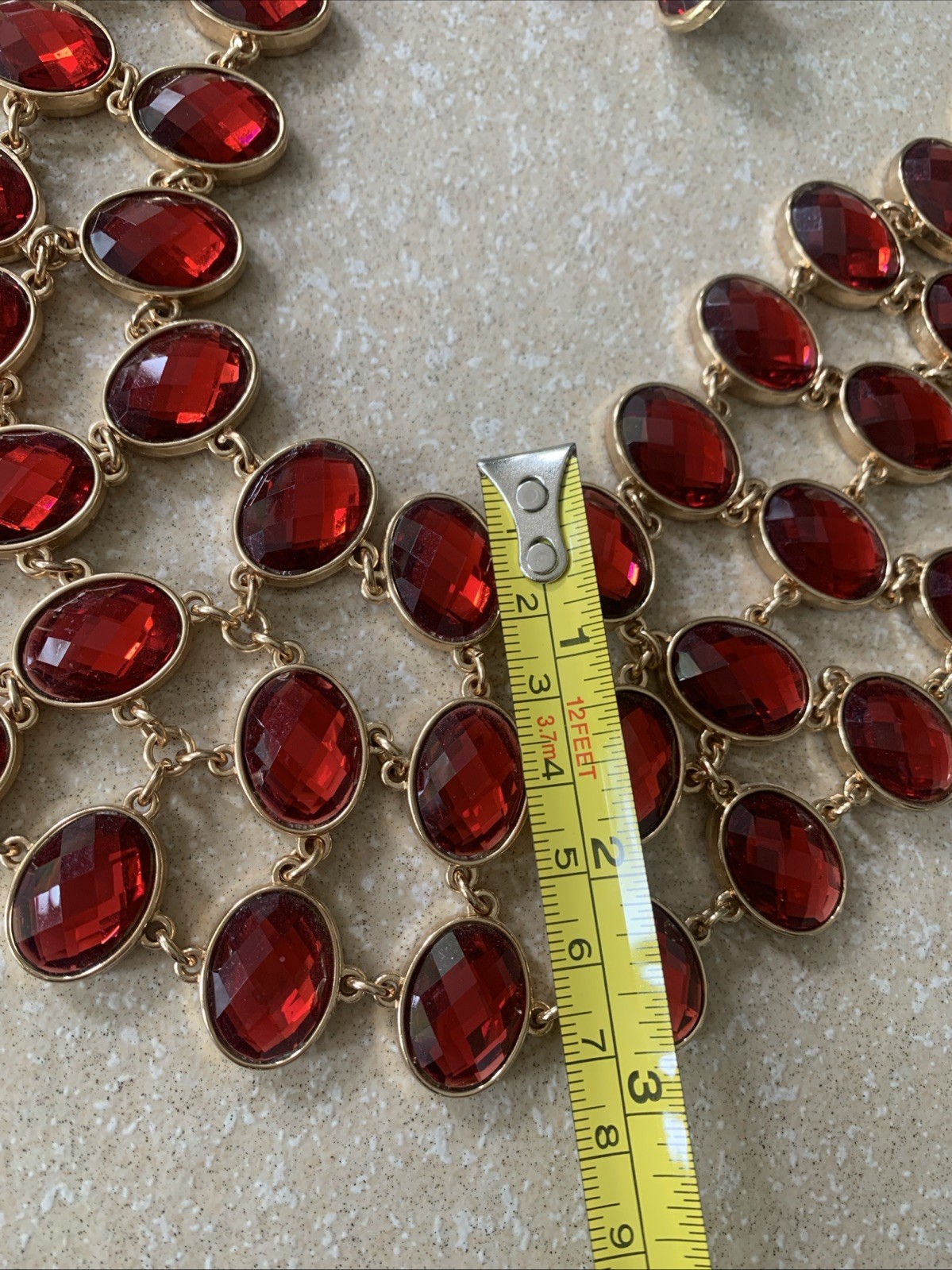 Vintage Gold Tone Red Faux Rhinestone Statement Necklace Costume Jewelry Earring