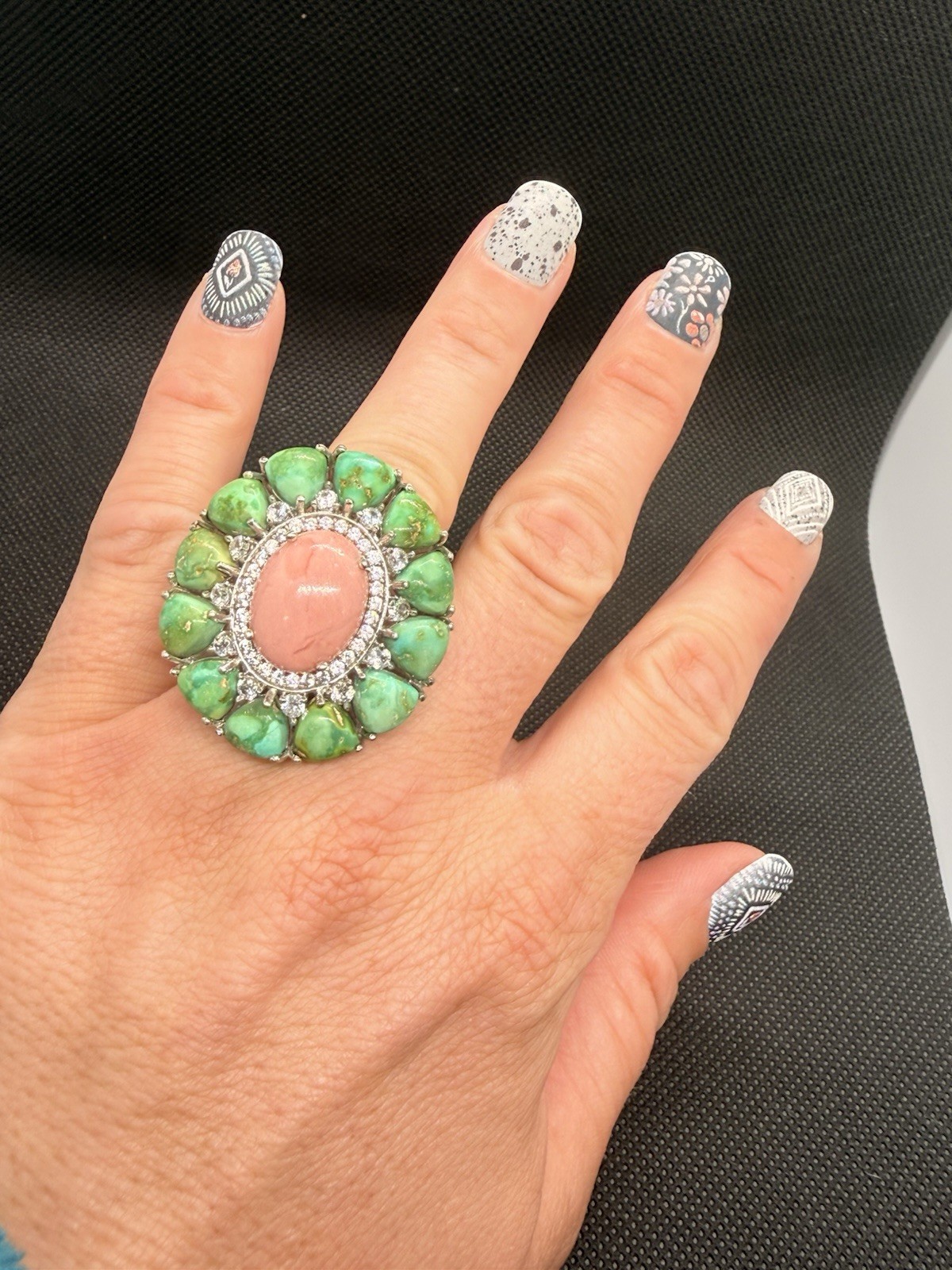 925 Silver Coral Turquoise CZ Halo Cocktail Ring Sz 7 Statement 13g
