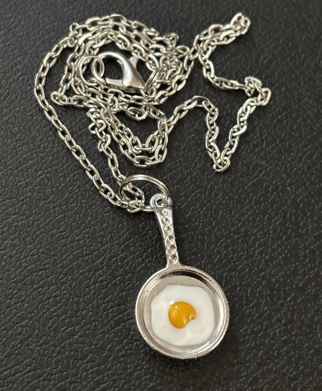 Fried Egg In Pan Pendant Silver tone Chain Necklace