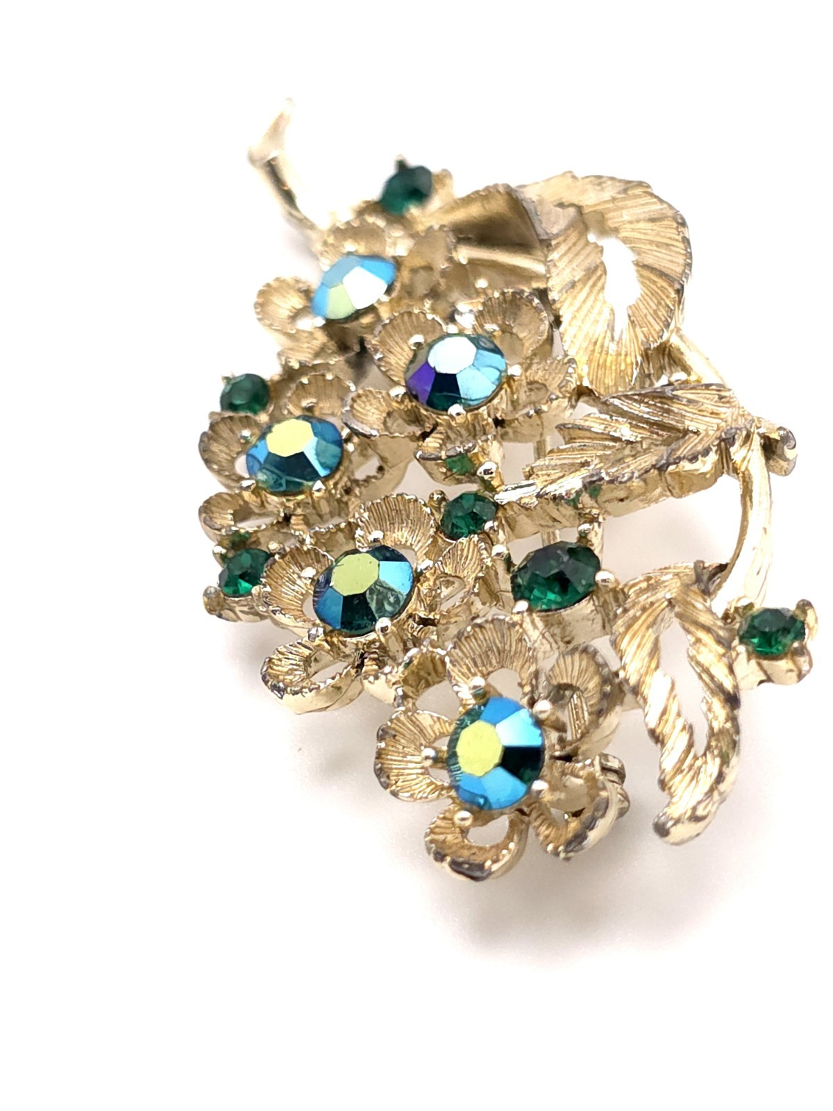 Vintage Lisner Gold Tone Leaf Rhinestone Brooch Blue & Green Aurora Borealis